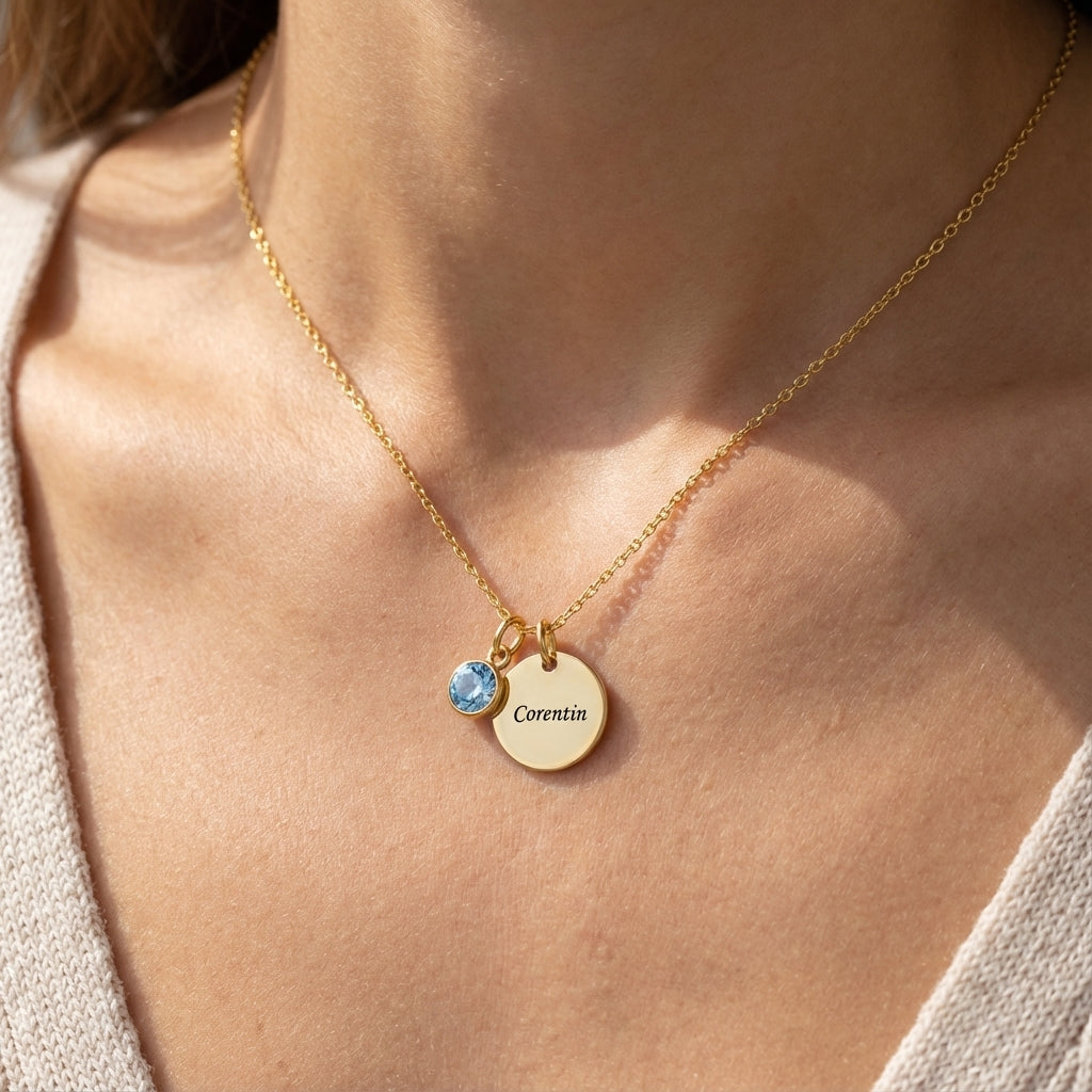 Engraved Necklace "Birthstone Disc"