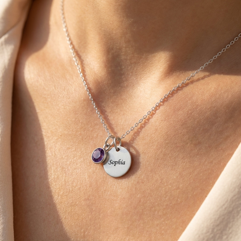 Engraved Necklace "Birthstone Disc"